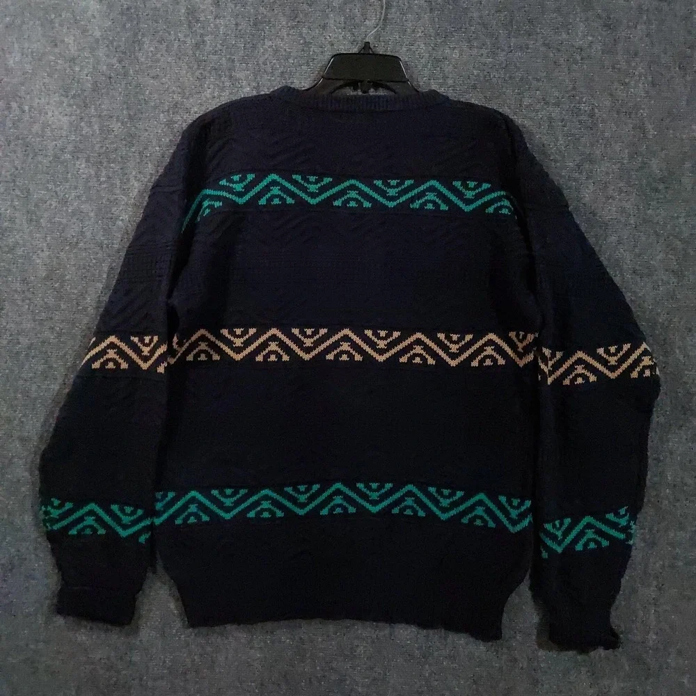 Vintage IZOD Sweater Mens XL Navy Cotton Crewneck Aztec Geometric Knit Made USA